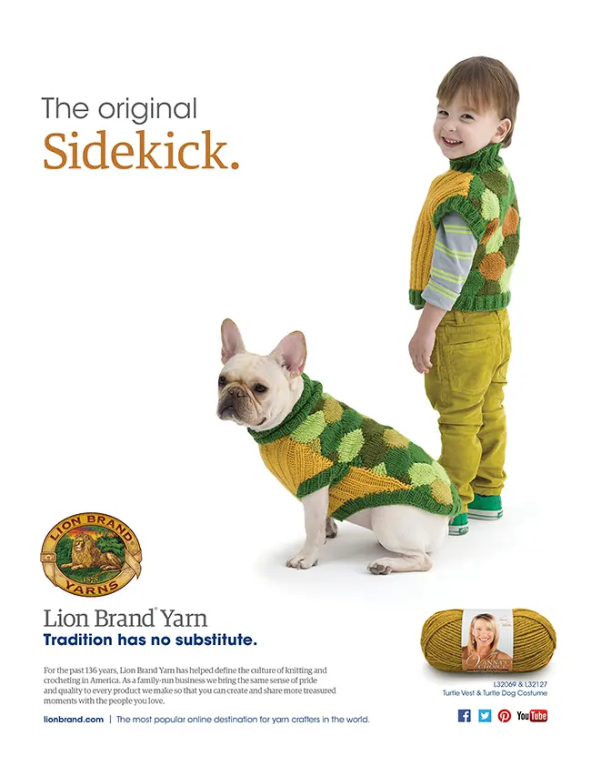 A young boy and a French Bulldog standing side by side, each wearing a matching knitted turtle vest in shades of green and yellow. The boy is smiling playfully at the camera, suggesting a cheerful, friendly demeanor, while the dog appears calm and composed. The caption "The original Sidekick." 
