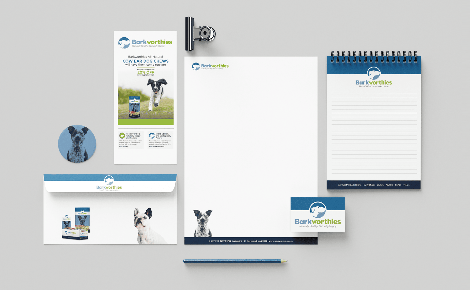 Barkworthies letterhead, envelope, business cards group shot.