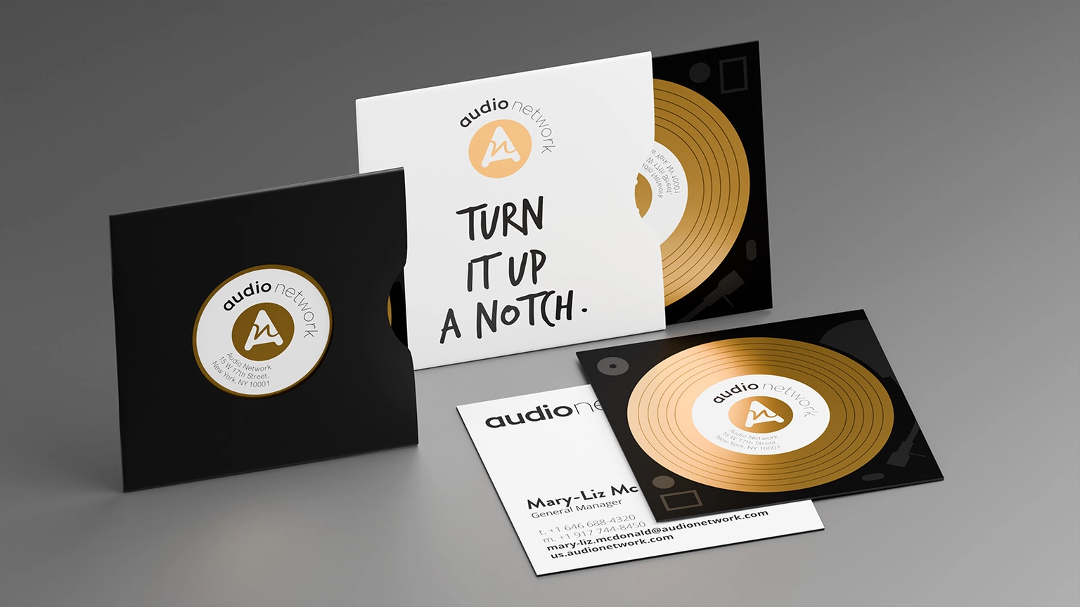 Rendering of Audio Network business card design.