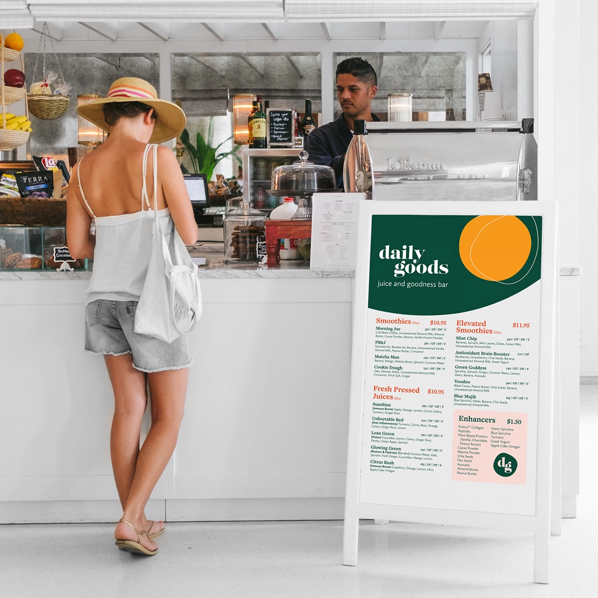 Mockup of Daily Goods signage design.