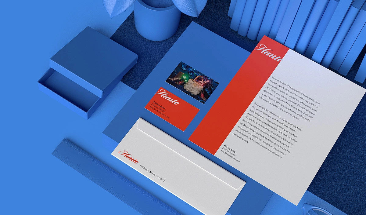 Rendering of letterhead and business card collateral.